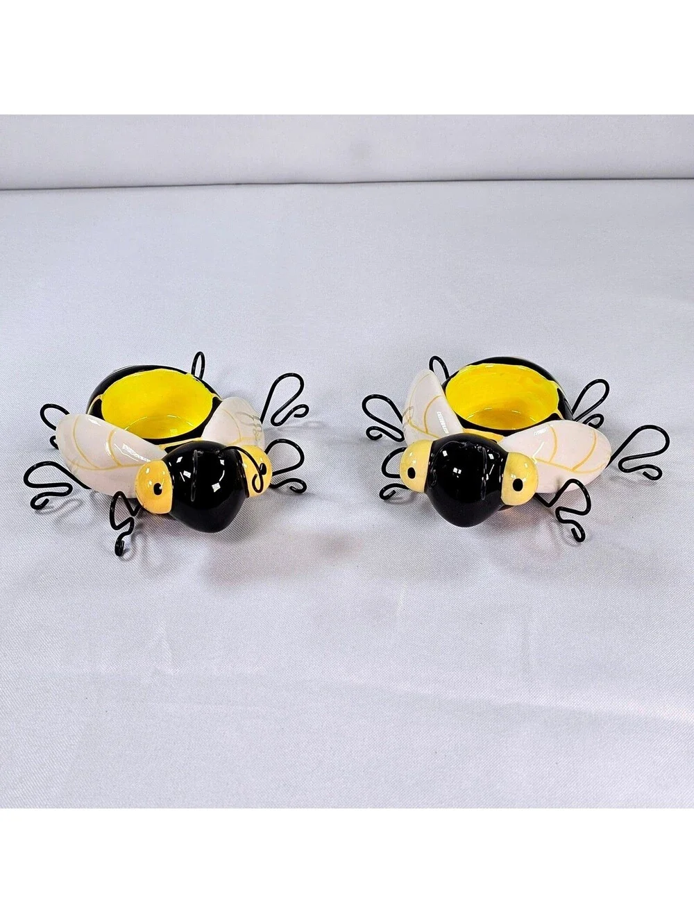 Ceramic Bumble Bee Tea Light Candle Holder Pair Yellow Black Striped Wire Legs